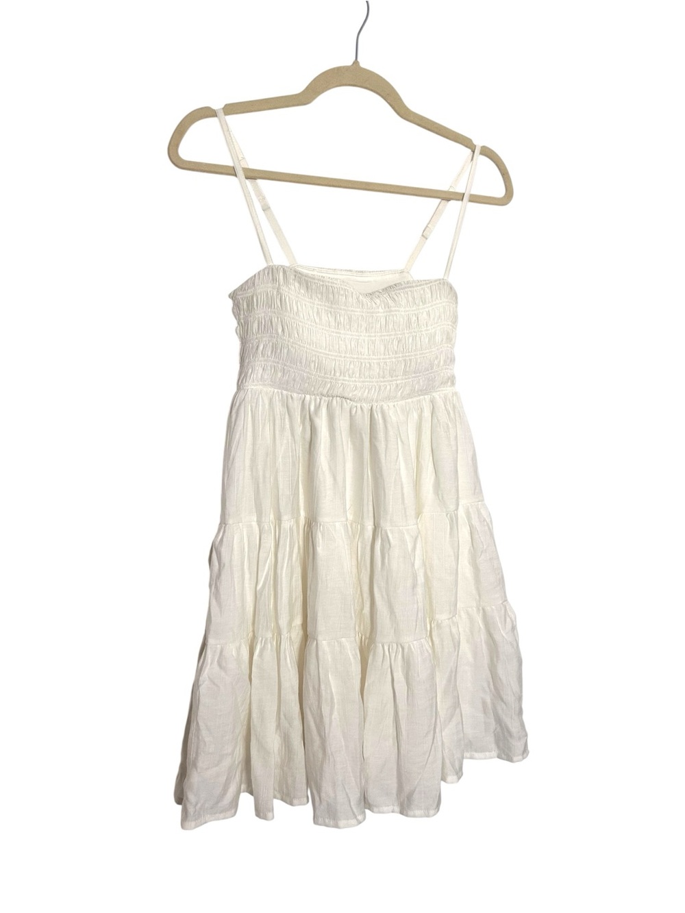 Klassy Network White Smocked Tiered Mini Dress Braless Built-In Size Small